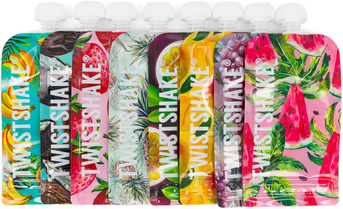 Twistshake Baby Bad Kit - Set van 4|Opvouwbaar Badje + Kussen + Bad Beker + 8x Herbruikbare Knijpzakjes van 220ml |Lichtgewicht- Draagbaar- Gemakkelijk Schoon Te Maken|Ergonomisch Ontwerp|BPA/BPS Vrij