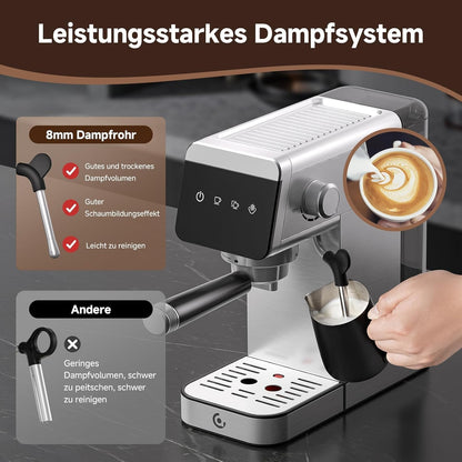 AMZCHEF Espressomachine 20 bar met 2-in-1 Home LED-display met afneembare tank van 1,2 l voor compacte huishoudelijke geschenken, van roestvrij staal, 1350 W