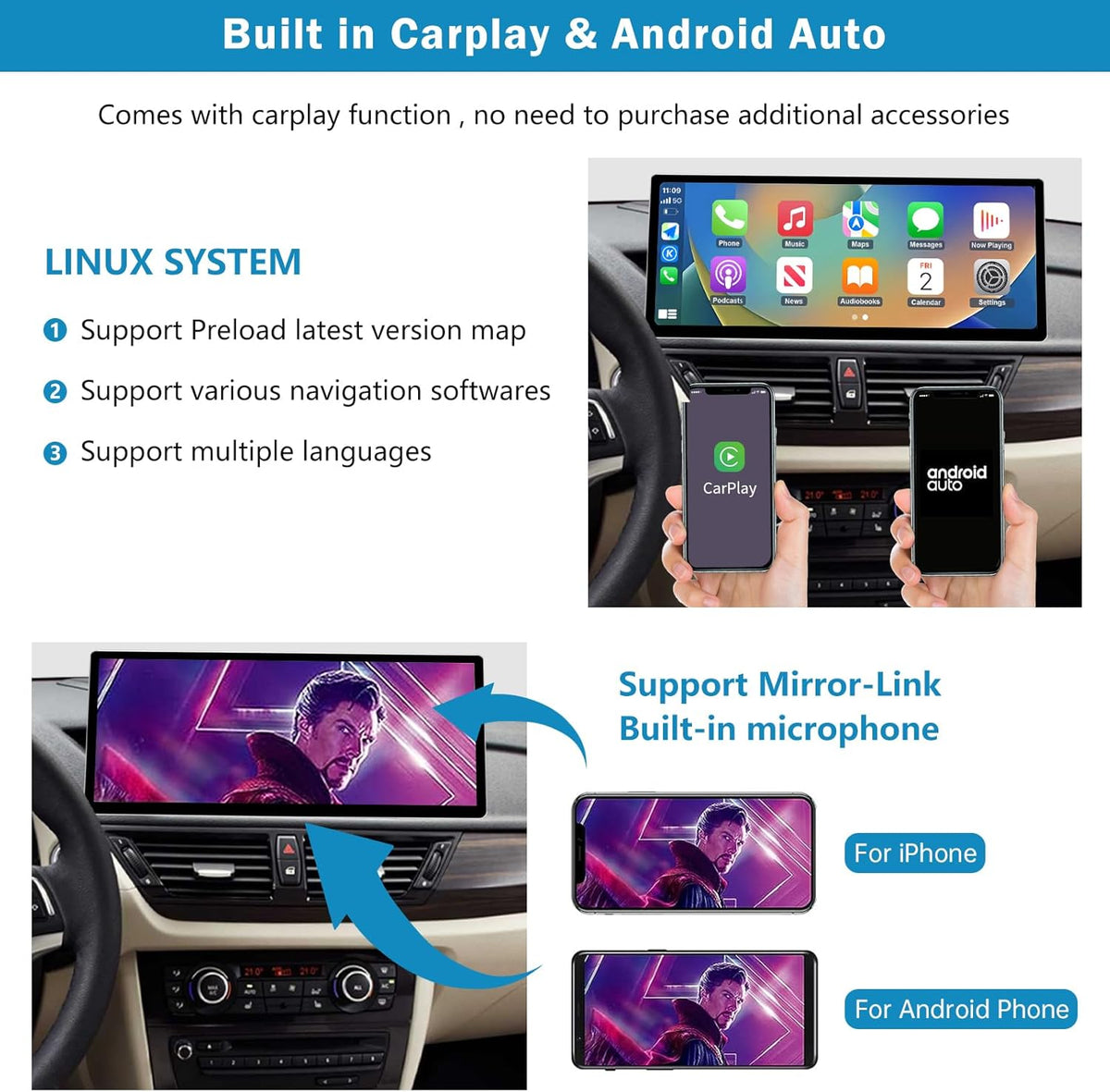 Autoradio – Multimedia Systeem – Navigatiesysteem – Touchscreen Radio – Draadloze CarPlay – 12,3 Inch Scherm – Android Auto – Mirrorlink Ondersteuning – Achteruitrijcamera Integratie