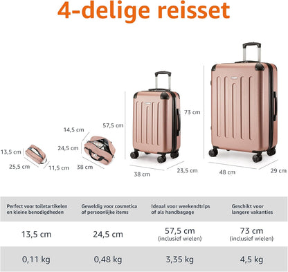 Amazon Basics Bagageset en Harde Buitenkant, 4-delig, Grote Koffer, Handbagagekoffer, Draagtas, Compacte Reistas, Uitbreidbaar, 4 Spinnerwielen, Roségoud