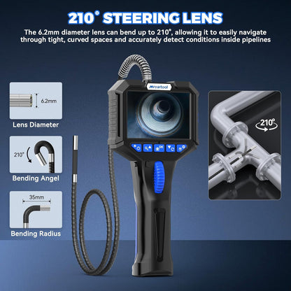 MR CARTOOL Endoscoopcamera met licht, inspectiecamera, 5 inch, IPS 1080P, industriële endoscoop, 210 graden, tweerichtingsdraaibaar, 6,35 mm endoscoop
