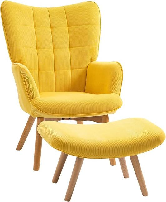 HOMCOM Wing Chair with Stool Armchair Upholstered Corduroy Chair Lounge Chair Wooden Legs TV Chair for Living Room Yellow - QUORE