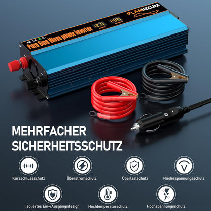 SUDOKEJI Spanningsomvormer 12 V naar 230 V, zuivere sinusomvormer 1000 W met EU-stekker, maximaal vermogen 2000 W voor auto's en kamperen.
