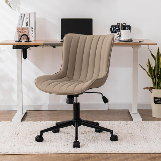 YOUTASTE Office Chair, Ergonomic Height Adjustable Chair with PU Leather and Wheels, Swivel Chair, Tilt Function, Computer Chair, 136 kg Load Capacity, Khaki - QUORE