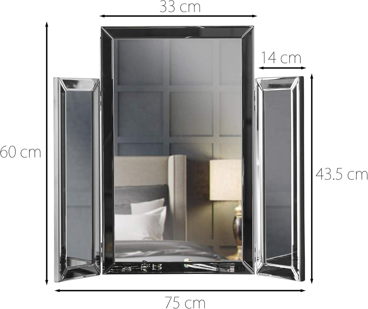 CARME Paloma Tri-Fold Makeup Mirror Beveled Glass Design Folded Tabletop Bedroom Dressing Vanity Table - QUORE