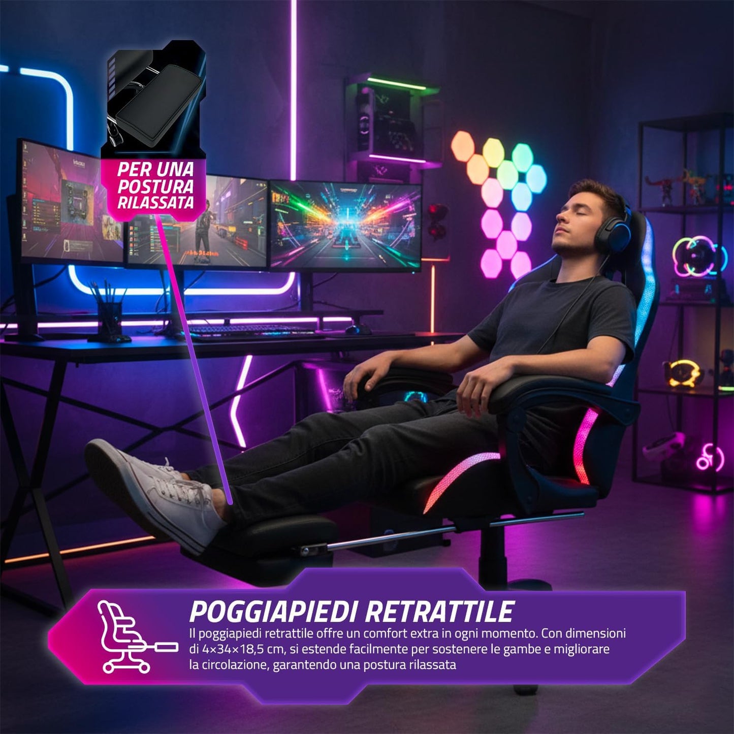 Wintem Gamingstoel met uittrekbare voetensteun, dubbel kussen en RGB-USB-ledlampjes voor absoluut comfort en futuristisch design, ideaal voor gaming, studio en kantoor
