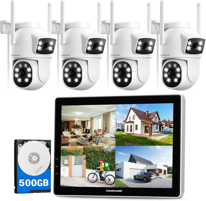 CAMCAMP WiFi bewakingscameraset 10CH 4K NVR met 10'' monitor, 500GB HDD, 2MP PTZ IP-camera met stekker, nachtzicht in kleur, tweerichtingsaudio, automatische detectie en tracking, HDMI