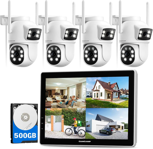 CAMCAMP WiFi bewakingscameraset 10CH 4K NVR met 10'' monitor, 500GB HDD, 2MP PTZ IP-camera met stekker, nachtzicht in kleur, tweerichtingsaudio, automatische detectie en tracking, HDMI