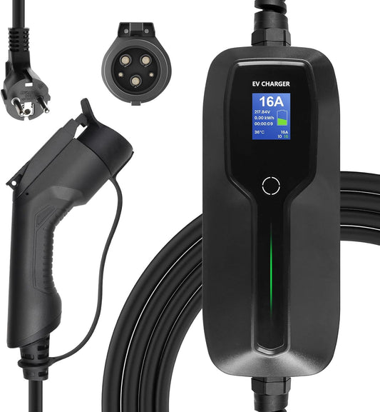 Morec Typ1 draagbare EV-oplaadkabel schakelbare oplaaddoos 10 / 16A-oplader met scherm Schuko 2-pins EV-laadstation SAE J1772 elektrische auto EVSE (eurostekker) 6m