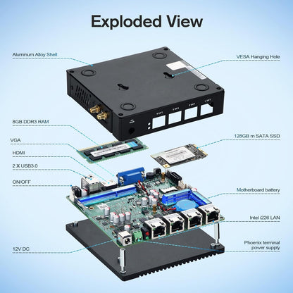 Fanless Mini PC Intel N3700 Quad Core, Firewall Micro Appliance, 4 Intel 2.5GbE i225 Gigabit NIC Port Mini-Desktop Computer, AES-NI, USB3.0/HDMI/VGA, 8G DDR3 128GB SSD. - QUORE