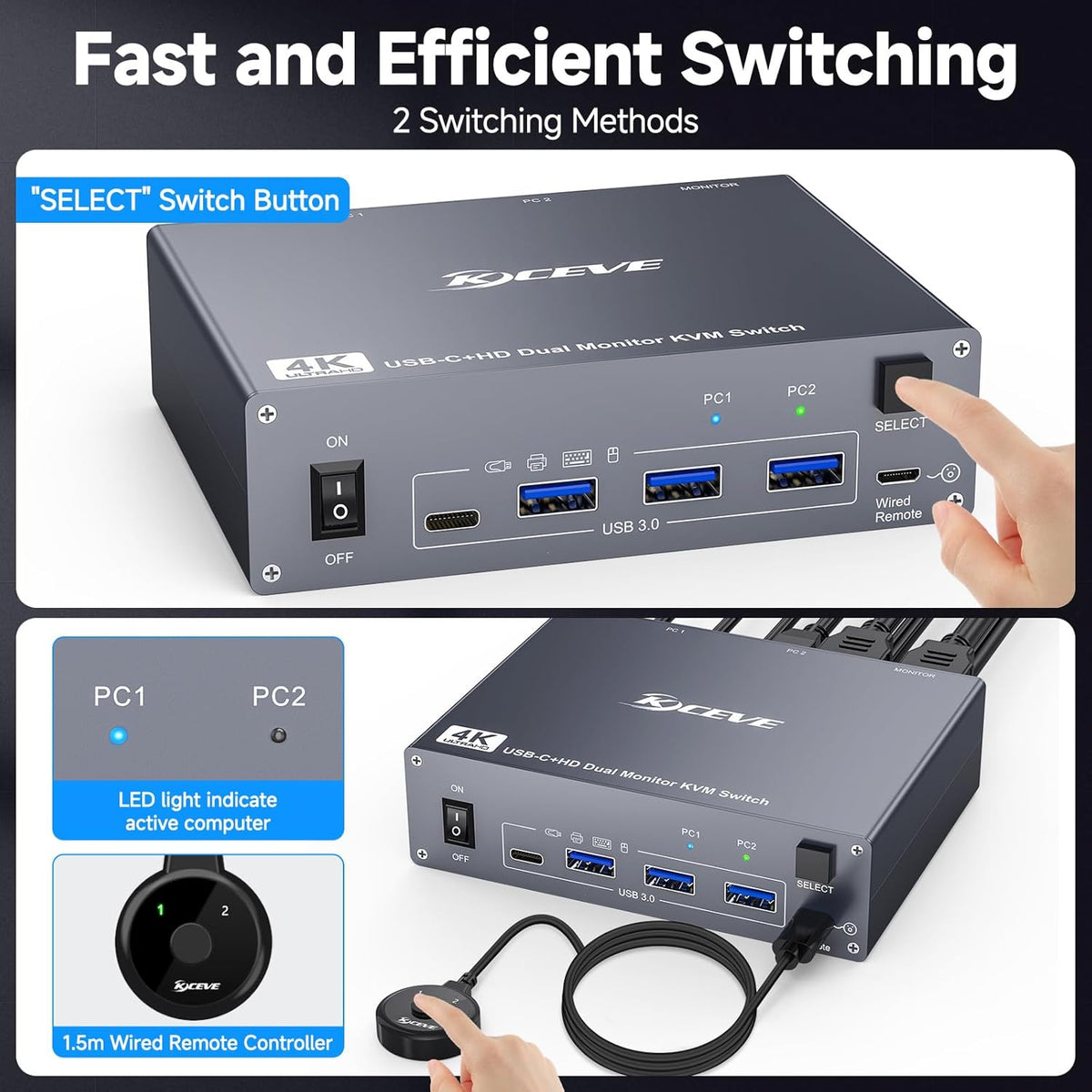 4K KVM Switch 2 Monitoren für 1 Laptop 1 Desktop, KUSB 3.0 KVM Switch 2 PC 2 Monitoren USB C, 4K@60Hz, MST, PD 100W, Aluminium, met Bedrade Afstandsbediening