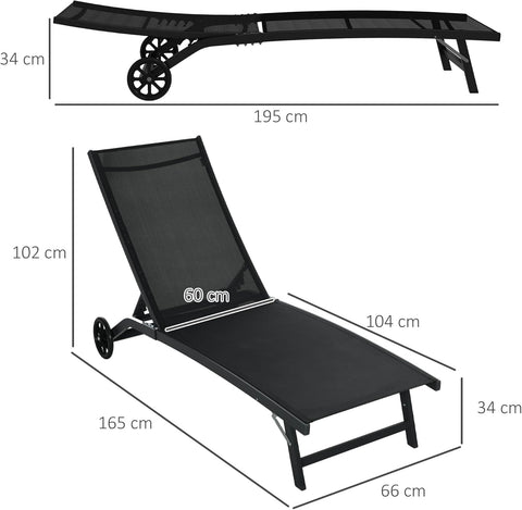 Ligstoel - Tuinligstoel - Set van 2 - Ligbed - met Wielen - Verstelbaar Rugleuning - Weerbestendig - voor Tuin - Zwembad - Strand - Aluminium - Textiel - 66 x 165 x 102 cm - Zwart