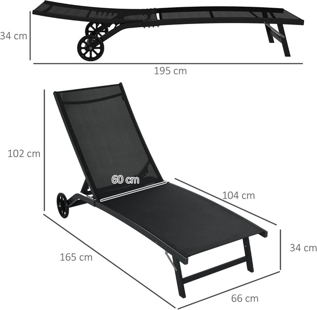 Ligstoel - Tuinligstoel - Set van 2 - Ligbed - met Wielen - Verstelbaar Rugleuning - Weerbestendig - voor Tuin - Zwembad - Strand - Aluminium - Textiel - 66 x 165 x 102 cm - Zwart