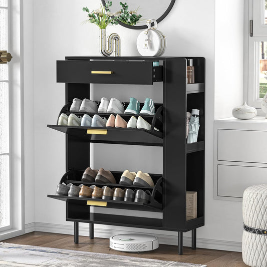 Schoenenkast – Schoenrek – Schoen opberger – Schoenenhouder – Schoenmeubel – Met Verstelbare Vakverdelers – Ruimtebesparend Ontwerp 75x24x105 cm – Rustiek Wit