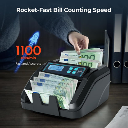 MUNBYN IMC51 geldtelmachine, add+batch/value-modus bankbiljettenteller, UV/MG/IR/MT-detectie, alleen EUR-geldteller, 1100 vellen/min, LCD-display, 2 jaar garantie, Zwart, kan gemengde noten niet
