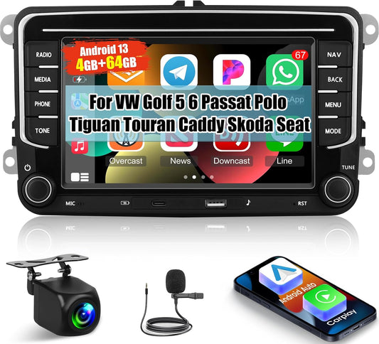 [4+64G]Android 13 Car Radio for VW Passat Golf Polo Caddy Tiguan Jetta Seat Skoda with Wireless Carplay and Android Car - 7" IPS Touch Screen Radio with WiFi AI DSP EQ FM/RDS Radio + Rear View Camera - QUORE