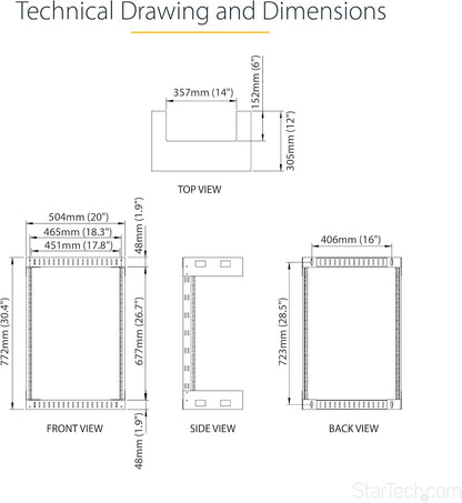 StarTech.com 2 Post 12U Heavy-Duty Wandmonteerbare Server Rack, 19" Open Frame Netwerk Rack, 30cm Diep, Data Rack voor IT/AV/Patchpaneel/Computer Apparatuur (RK12WALLO)