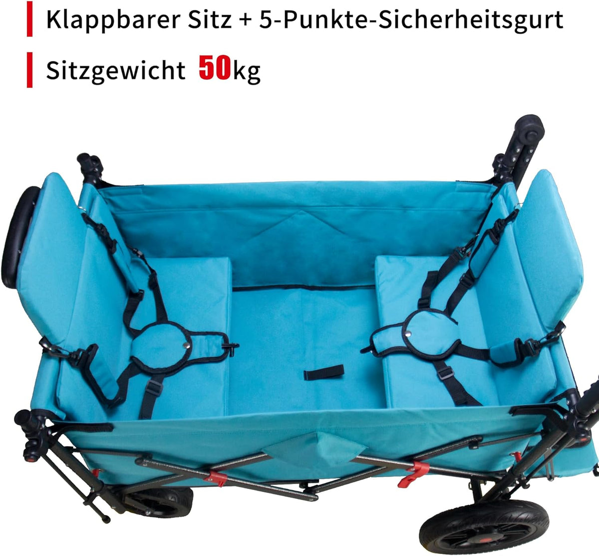 Opvouwbare bolderwagen Hemelsblauw – Bolderkar – Handwagen – Transportwagen – Strandkar – 2 klapstoelen met veiligheidsgordels en dak – 180L capaciteit, draagvermogen 120 kg