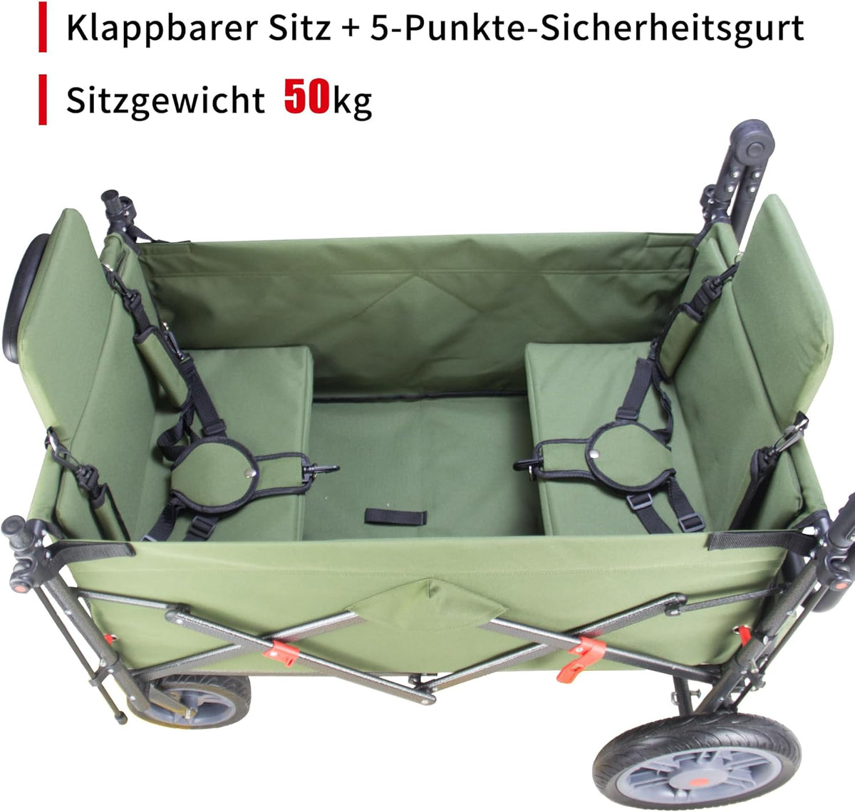 TMZ Opvouwbare bolderkar met 2 geïntegreerde klapstoelen, handwagen met remmen en dak, inklapbare transportwagen, draagvermogen 120 kg, voor alle terreinen, camping, strand, winkelen (groen)