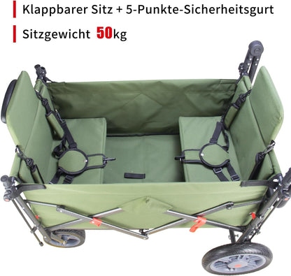 TMZ Opvouwbare bolderkar met 2 geïntegreerde klapstoelen, handwagen met remmen en dak, inklapbare transportwagen, draagvermogen 120 kg, voor alle terreinen, camping, strand, winkelen (groen)