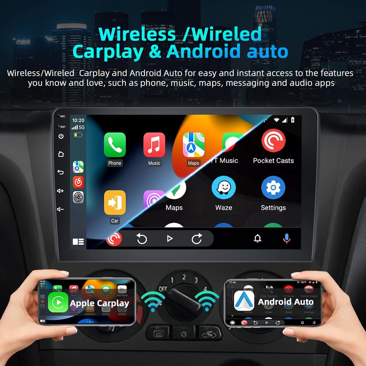 Podofo Android 13 Autoradio 2 Din met Draadloze Apple CarPlay Android Auto,2+32G 9 Inch Autoradio met Bluetooth en GPS Navigatie,Wifi,Mirror Link,FM/RDS +Achteruitrijcamera