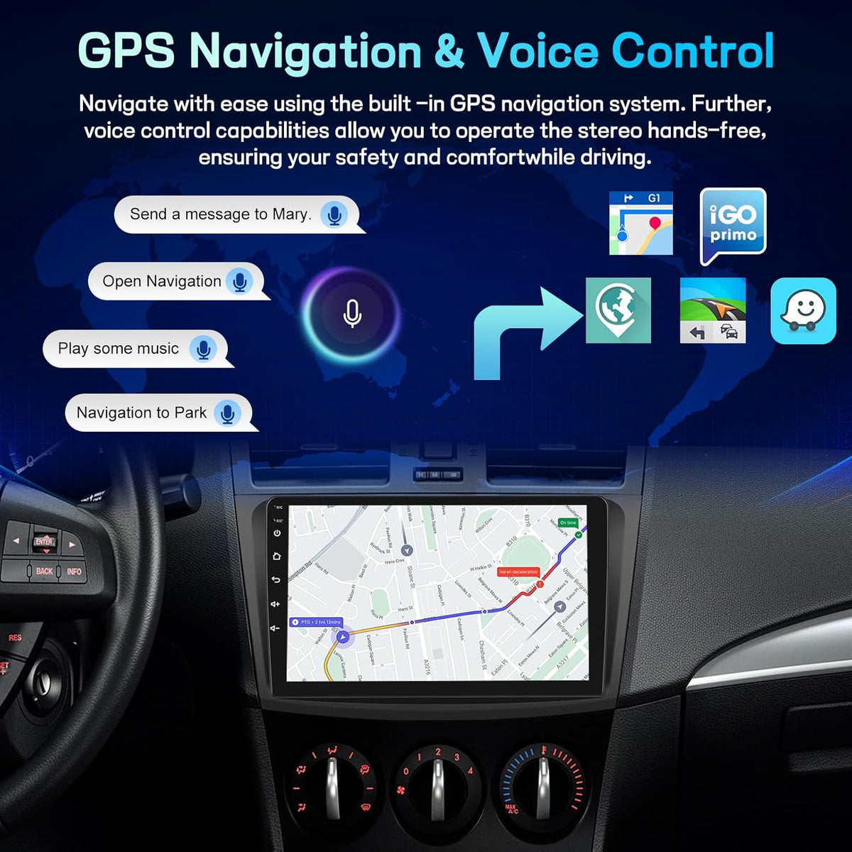 9 Inch Android Car Radio for Mazda 3 2009-2013 with Wireless CarPlay & Android Car, 2G+64G Stereo with Screen, EQ DSP, WiFi, FM RDS, GPS, Bluetooth, Steering Wheel Control+Reversing Camera, MIC