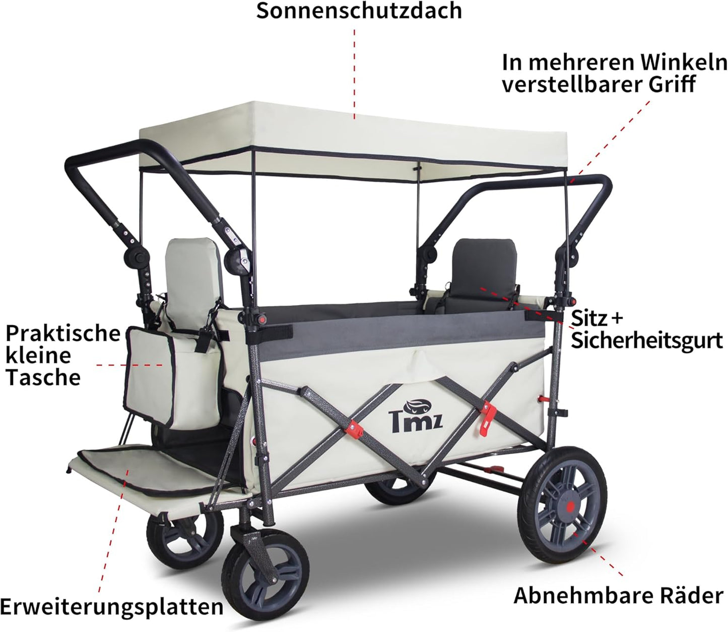 TMZ Bolderkar, opvouwbaar, met dak, handwagen, transportkar, gereedschapswagen | klappbaar | PU-banden met hoge elasticiteit | tot 120 kg (wit/grijs)