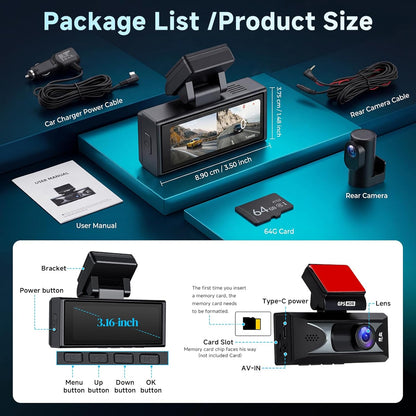 Hodozzy 4K Dashcam met voor- en 2,5 K achteruitrijcamera, 3,16 inch IPS-scherm, dashcam voor auto, 5,8 GHz wifi-app-bediening, ADAS, BSD LCA, nachtzicht, G-sensor, loop-opname, parkeermodus-monitor