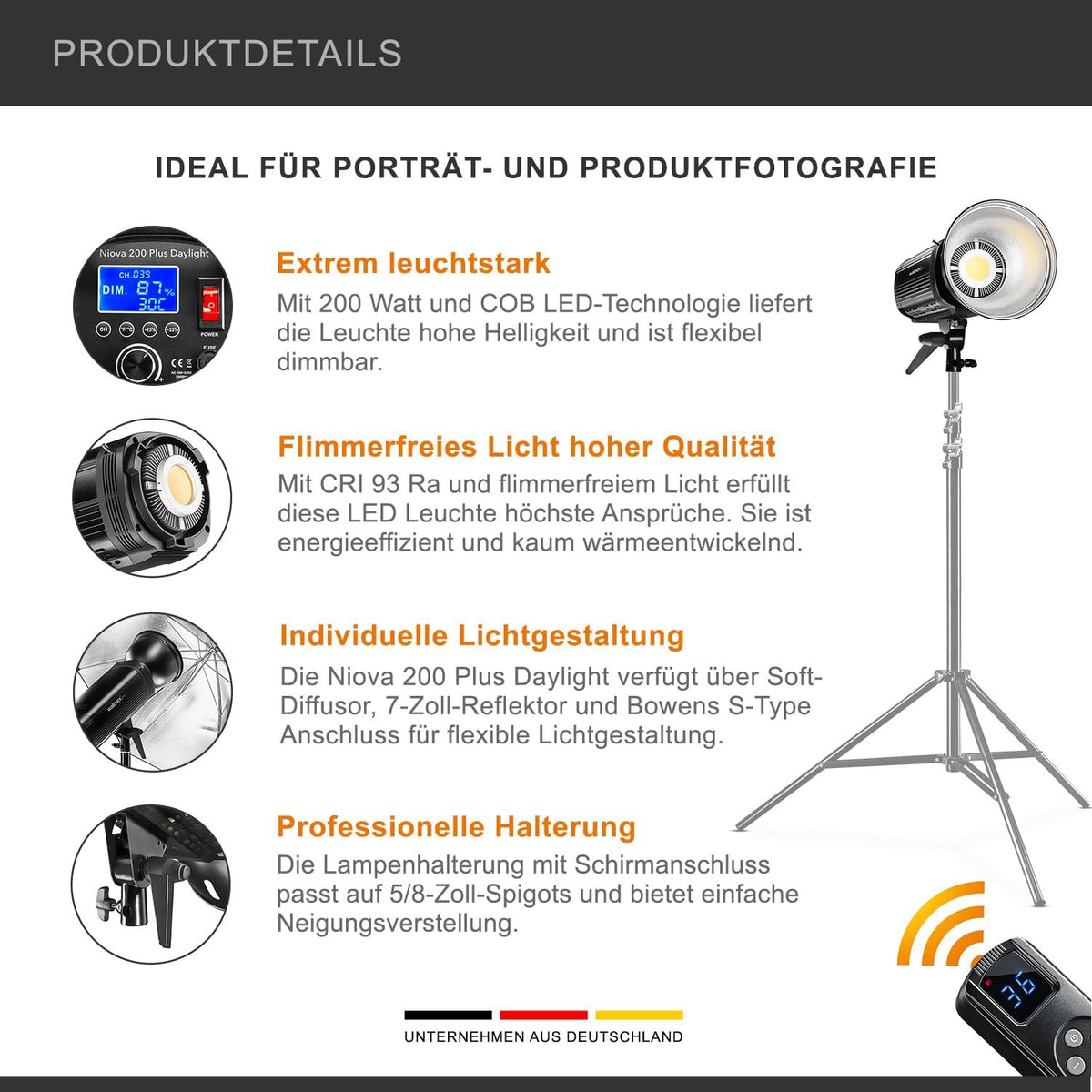 Walimex pro Niova 200 Plus Daglicht dimbare LED videolamp met Bowens reflector & zachte diffuser I Studiolamp met COB LED technologie I 5600 K, CRI=93 I Lichtsterkte instelbaar van 10-100%