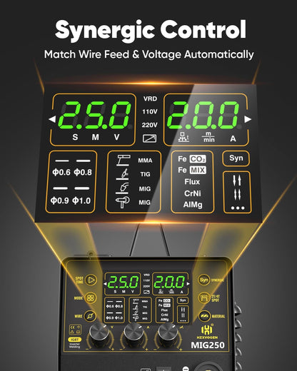 H HZXVOGEN Aluminium MIG-lasapparaat, 250A, 6-in-1, met gas/fluxvulling, gasloos, MIG/Lift TIG/Stick/Punt/Spoel, 110/220V synergetische besturing met LED-digitaal display, verbrandingsregeling
