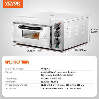 VEVOR Elektrische pizzaoven, 14 inch, elektrische pizzaoven van roestvrij staal met pizzasteen, multifunctionele pizzaoven voor binnen, restaurant, koken, thuis, keuken