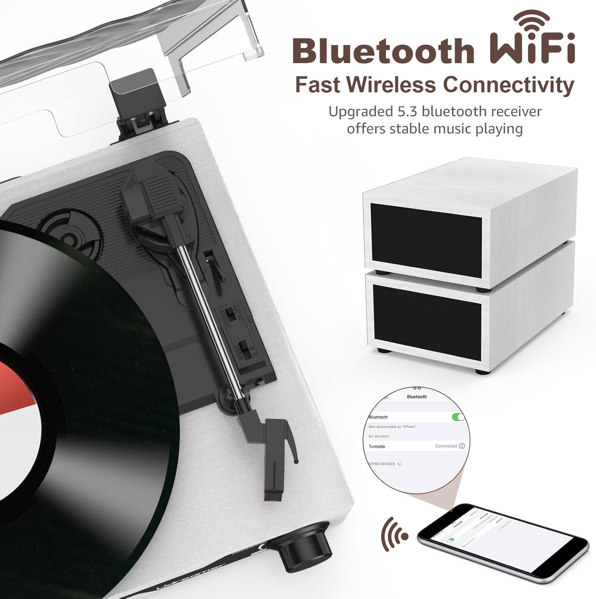 Platenspeler - Geïntegreerde Luidsprekers - Vintage Fonograaf - met Bluetooth 5.3 Ondersteunt - 2 Dubbele Stereoluidsprekers - 3 Snelheden - AUX - RCA - USB - Draadloos Afspelen - Hout - Wit