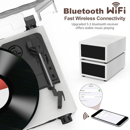 Platenspeler - Geïntegreerde Luidsprekers - Vintage Fonograaf - met Bluetooth 5.3 Ondersteunt - 2 Dubbele Stereoluidsprekers - 3 Snelheden - AUX - RCA - USB - Draadloos Afspelen - Hout - Wit