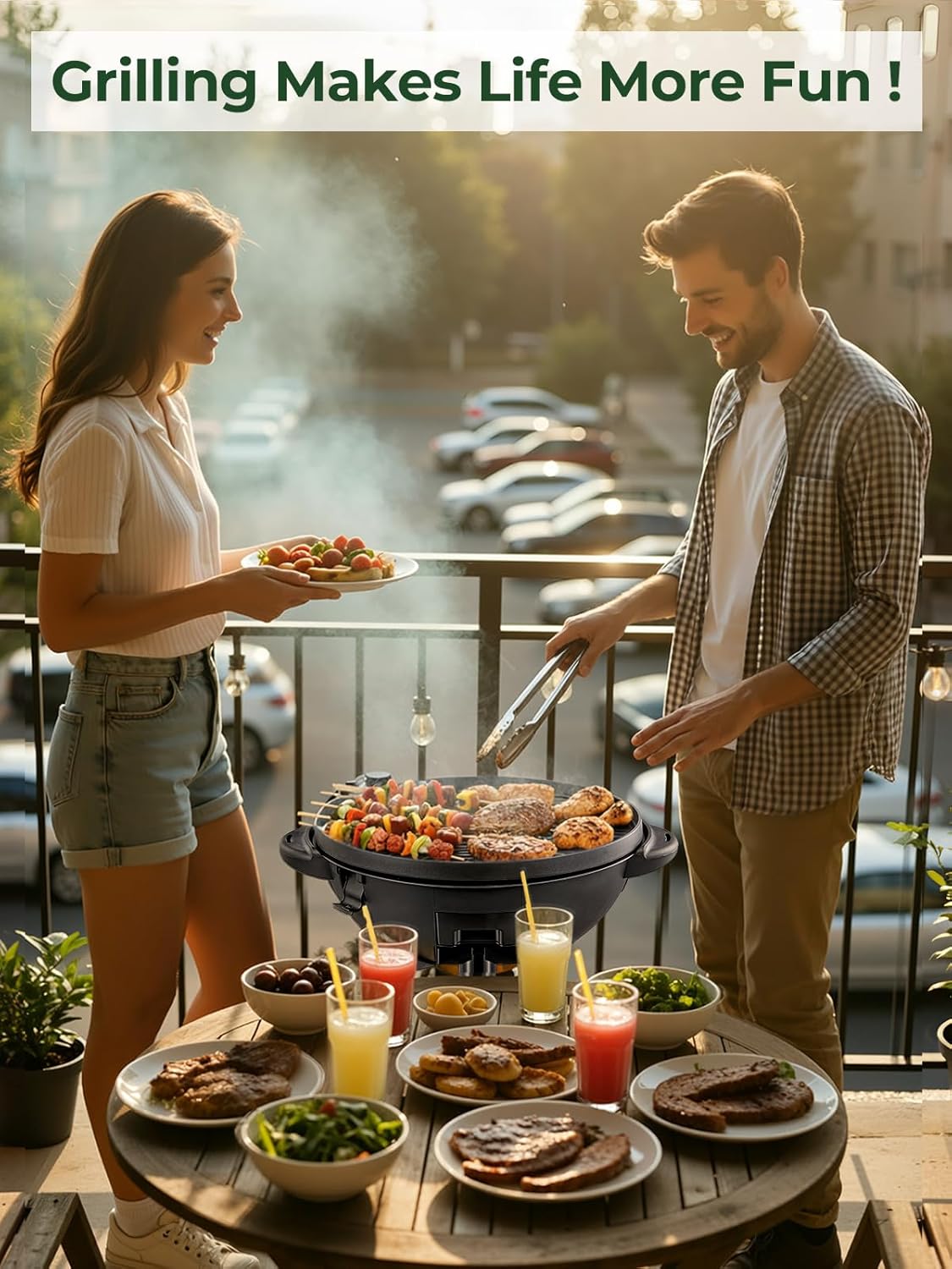 FOHERE Elektrische barbecue, 2-in-1, 2400 W, tafelgrill en voeteneinde, geïntegreerde thermometer, antiaanbaklaag Ø 41 cm, vetschaal, zwart