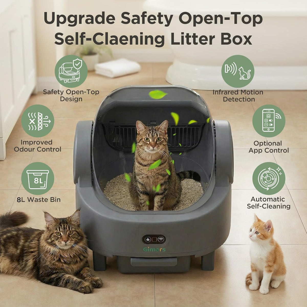 Gimars Open Top Design Zelfreinigende Kattenbak, Automatische Kattenbak voor Meerdere Katten & Senior Katten, App Controle met Veiligheidssensoren, Lage Geur, Inclusief Vuilniszakken & Kattenbak
