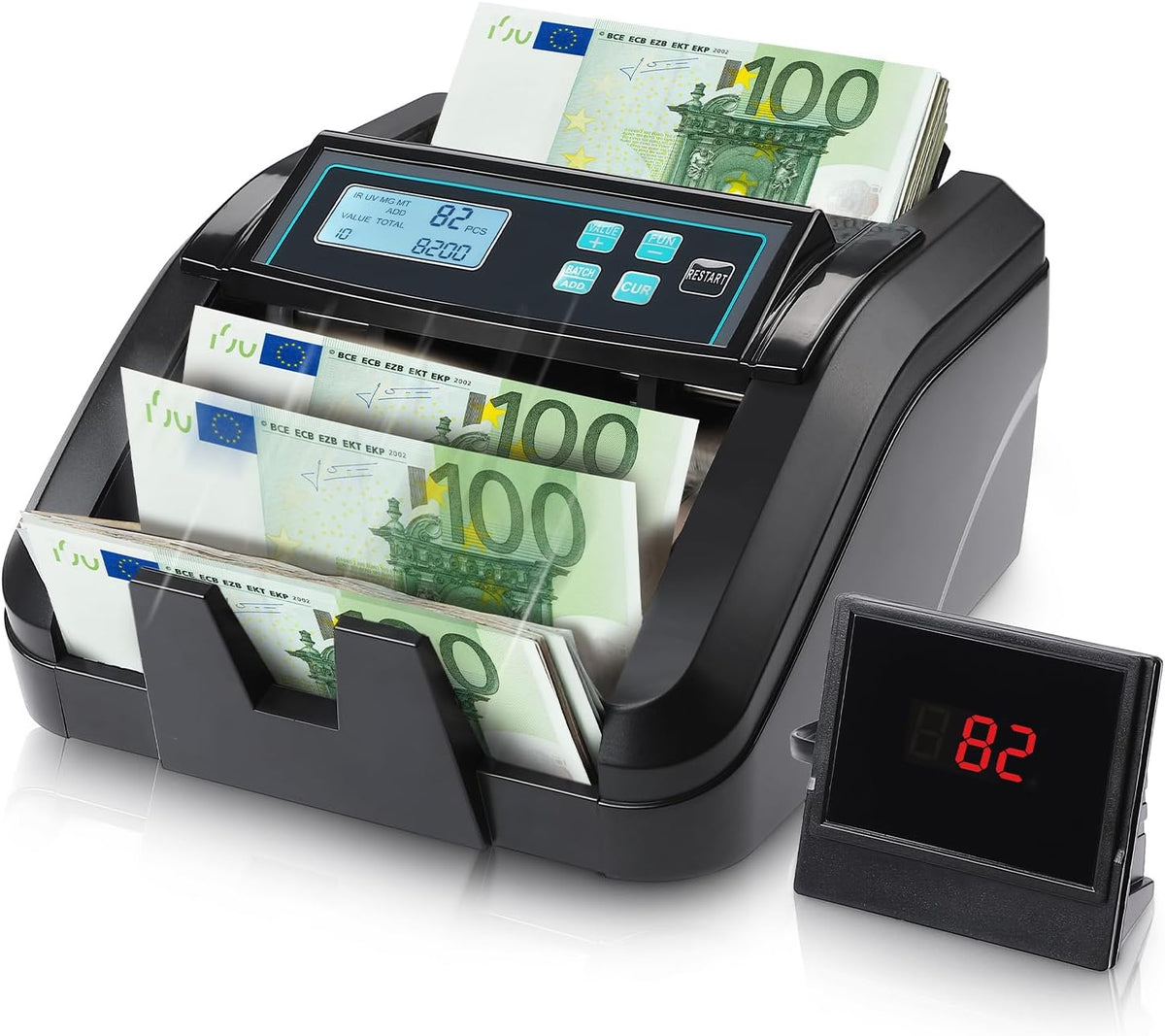 MUNBYN IMC51 geldtelmachine, add+batch/value-modus bankbiljettenteller, UV/MG/IR/MT-detectie, alleen EUR-geldteller, 1100 vellen/min, LCD-display, 2 jaar garantie, Zwart, kan gemengde noten niet