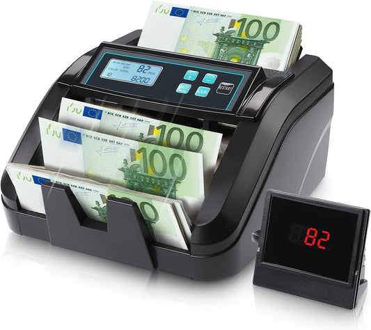MUNBYN IMC51 geldtelmachine, add+batch/value-modus bankbiljettenteller, UV/MG/IR/MT-detectie, alleen EUR-geldteller, 1100 vellen/min, LCD-display, 2 jaar garantie, Zwart, kan gemengde noten niet