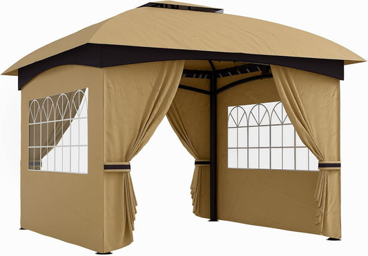 Outsunny Pavillon approx. 3.4x3.4m wasserabweisend Gartenpavillon mit 4 Seitenteilen, Doppeldach, Partyzelt mit UV-Schutz Gartenzelt mit verzinktem Metallrahmen, für Garten Beige - QUORE