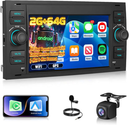 2G+64G Android Car Stereo for Ford Transit Fiesta Focus Galaxy Mondeo Fusion Kuga C-Max S-Max with Wireless Carplay & Android Auto, Touch Screen Car Radio with WiFi, GPS Navigation, Bluetooth, FM RDS