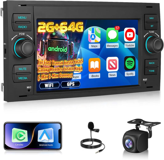 2G+64G Android Car Stereo for Ford Transit Fiesta Focus Galaxy Mondeo Fusion Kuga C-Max S-Max with Wireless Carplay & Android Auto, Touch Screen Car Radio with WiFi, GPS Navigation, Bluetooth, FM RDS