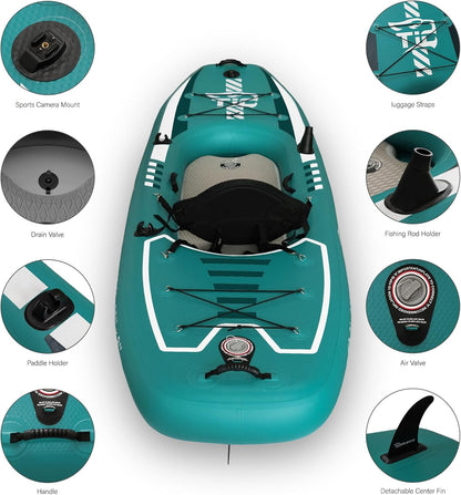 TIGERXBANG 10.2'x35"x8" Opblaasbare Kajak met Afneembare Zitting, SUP-Kajak Set Inclusief HandPomp/Aluminium Qar/Rugzak, Opblaasbare Boot voor Volwassenen/Kinderen | voor Vissen, Touring-Green