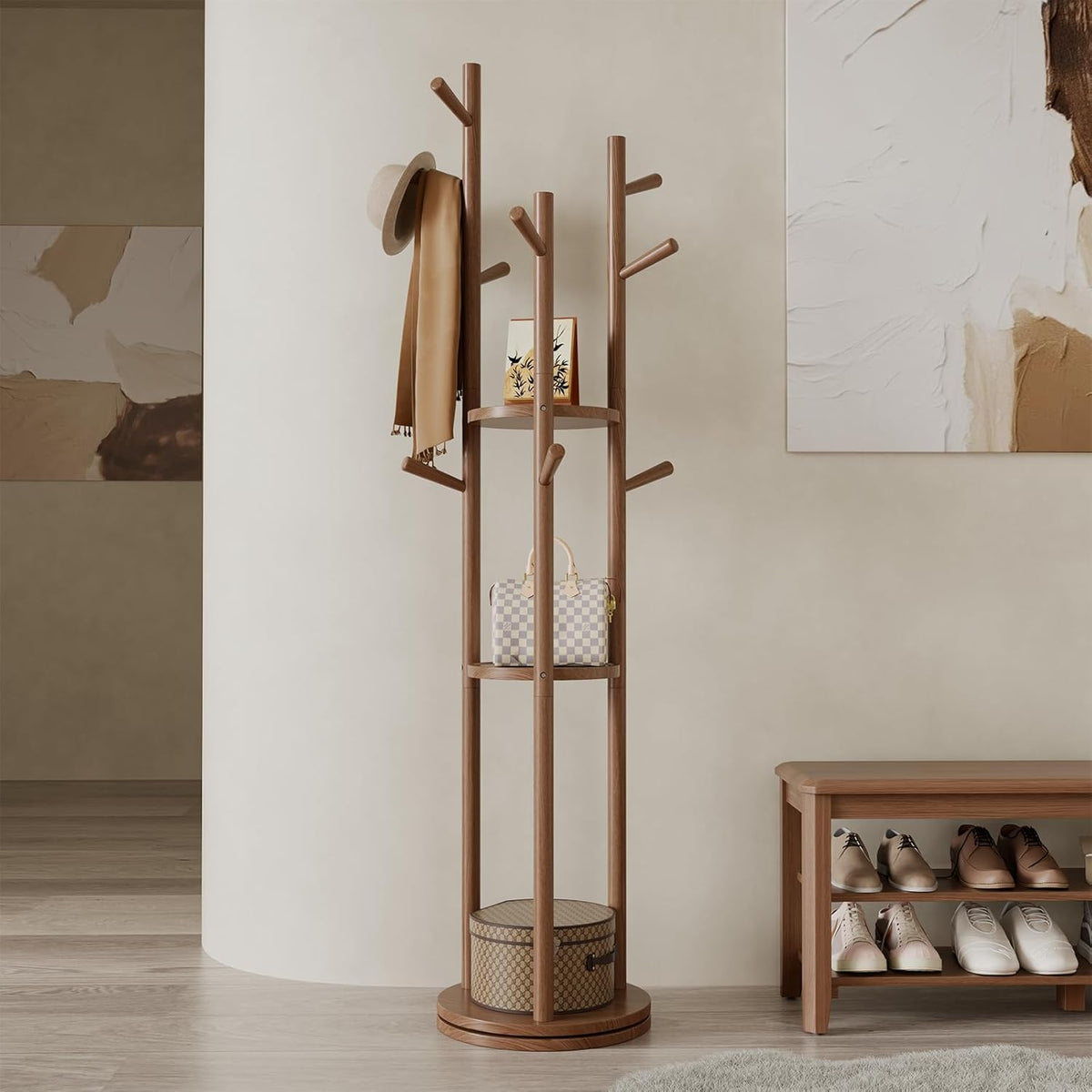 AQIMUELE Kapstok, kledingstandaard, massief hout, draaibare jasstandaard met 3 legplanken en 9 haken, voor hal, slaapkamer (walnoot)