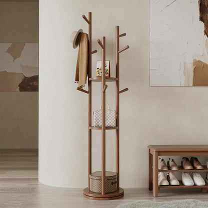 AQIMUELE Kapstok, kledingstandaard, massief hout, draaibare jasstandaard met 3 legplanken en 9 haken, voor hal, slaapkamer (walnoot)