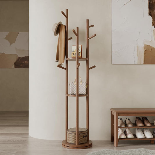 AQIMUELE Kapstok, kledingstandaard, massief hout, draaibare jasstandaard met 3 legplanken en 9 haken, voor hal, slaapkamer (walnoot)
