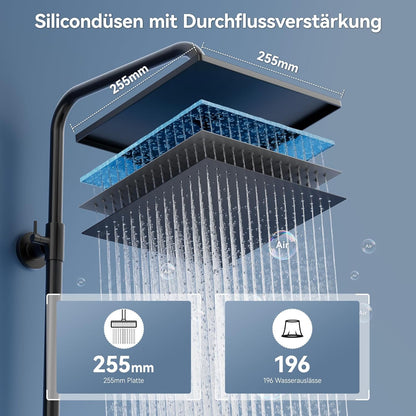 Regendouchesysteem – Douche Set – Hoofddouche – Handdouche – Doucheset Zwart – RVS Doucherail – Messing Waterverdeler – Boorvrij Opbergrek – 250x250 mm Overhead Douchekop