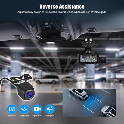 Dashcam Auto – Autocamera – Rijrecorder – Dashcam Set – Achteruitrijcamera – 3-Kanaals met 2,5K Frontcamera, 1080p Interne Camera & 1080p Achtercamera – 3,16 Inch Touchscreen, G-Sensor & App-Bediening