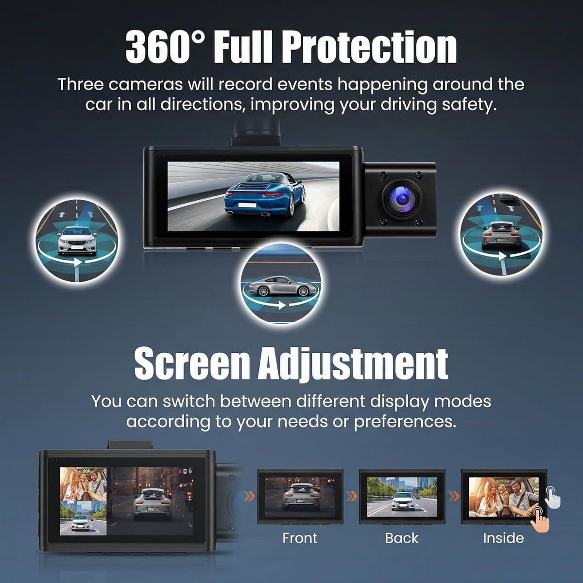 Dashcam Auto – Autocamera – Rijrecorder – Dashcam Set – Achteruitrijcamera – 3-Kanaals met 2,5K Frontcamera, 1080p Interne Camera & 1080p Achtercamera – 3,16 Inch Touchscreen, G-Sensor & App-Bediening