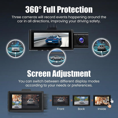 Dashcam Auto – Autocamera – Rijrecorder – Dashcam Set – Achteruitrijcamera – 3-Kanaals met 2,5K Frontcamera, 1080p Interne Camera & 1080p Achtercamera – 3,16 Inch Touchscreen, G-Sensor & App-Bediening