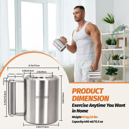 10kg/22lb Heavy Coffee Mug Challenge 304 Stainless Steel Dumbbell Cups Silver Overweight Sports Water Cup for Fitness Training Arm Strength Prank Gift Home Gym Workout Equipment 400ml/13.5oz - QUORE