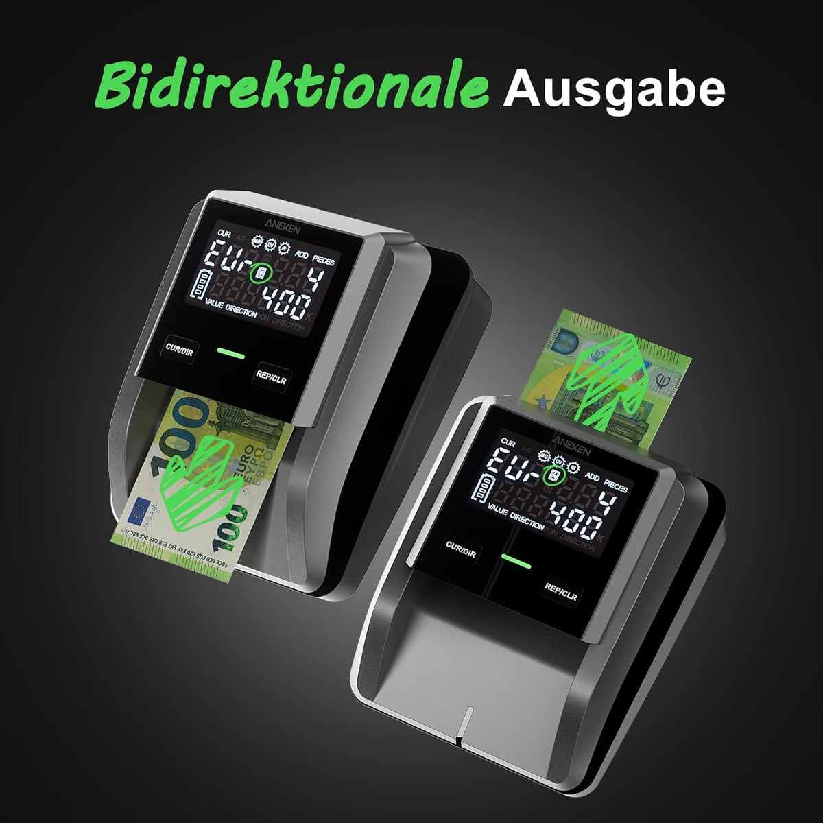 Aneken AL-139 Bankbiljettencontroleur met 2,8 inch digitaal scherm, valsemgeldzoeker met totale waarde en additiefunctie, 4-weg oriëntatie en traceerbare opnames, compatibel EUR/USD/GBP enz